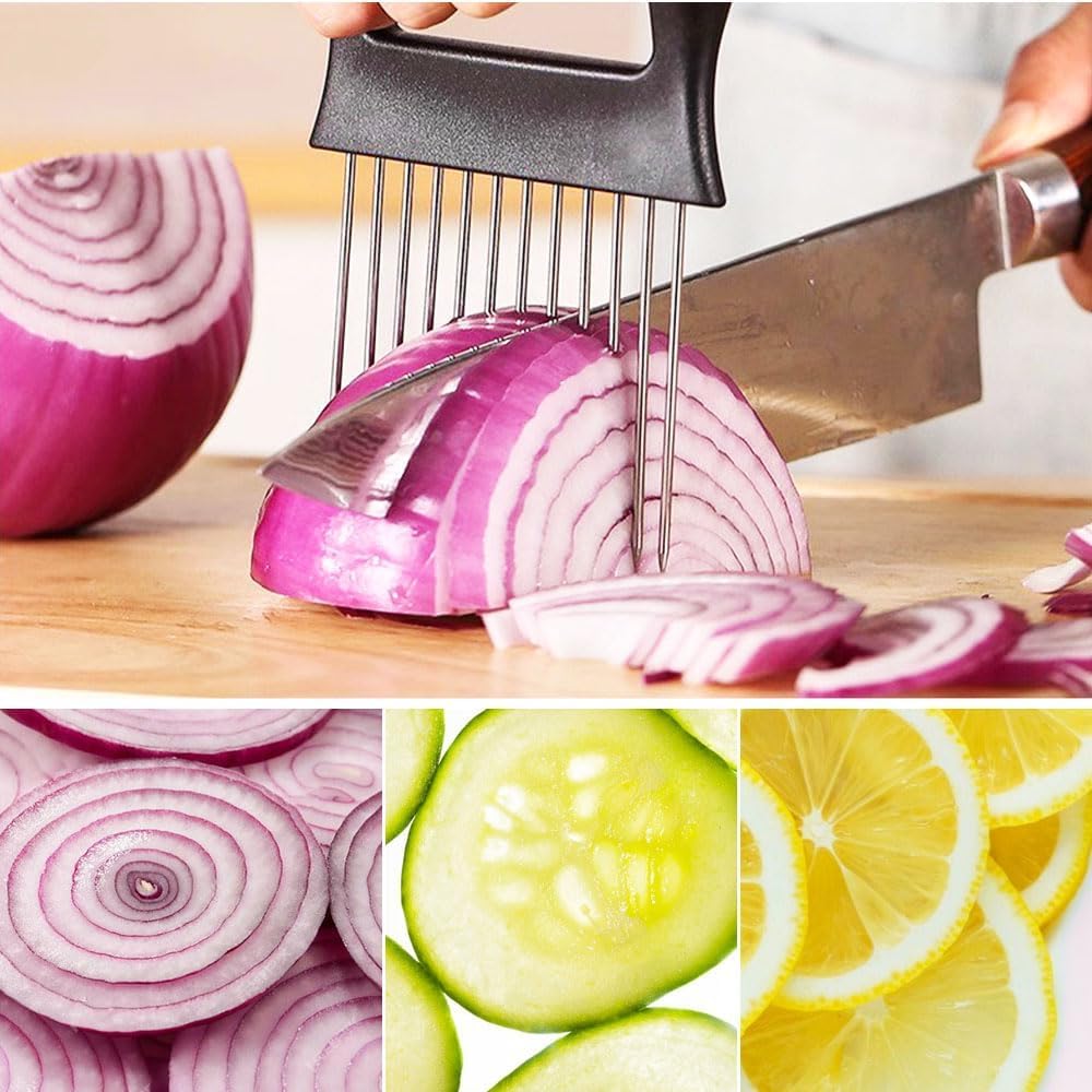 Onion Holder for Slicing, 2025 New Stainless Steel Onion Slice Holder Lemon Slicer Vegetable Cutter, Kitchen Gadgets Chopper Slicing Assistant Tool for Meat, Onion, Tomato, Potato (1 Pcs)