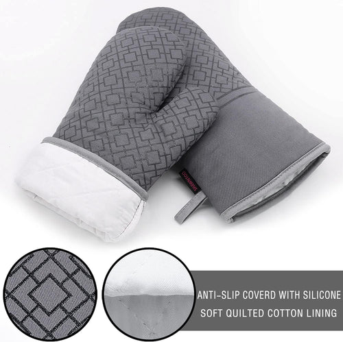 Oven Mitts and Pot Holders Sets 6pcs, Kitchen Oven Glove,High Heat Resistant 550 Degree Extra Long Oven Mitts and Potholders with Non-Slip Silicone Surface for Home Essentials (Grey) (Gray)