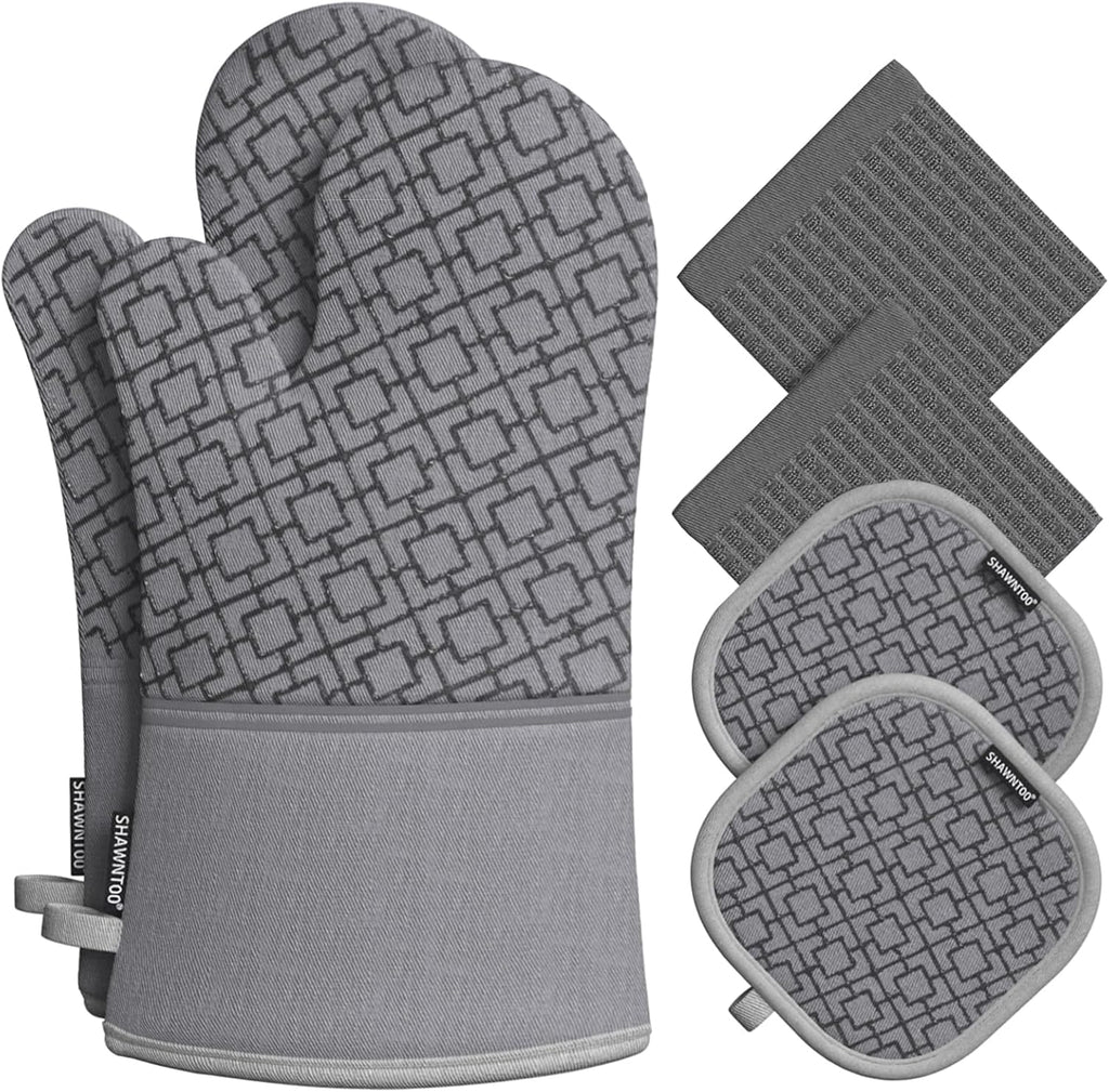 Oven Mitts and Pot Holders Sets 6pcs, Kitchen Oven Glove,High Heat Resistant 550 Degree Extra Long Oven Mitts and Potholders with Non-Slip Silicone Surface for Home Essentials (Grey) (Gray)
